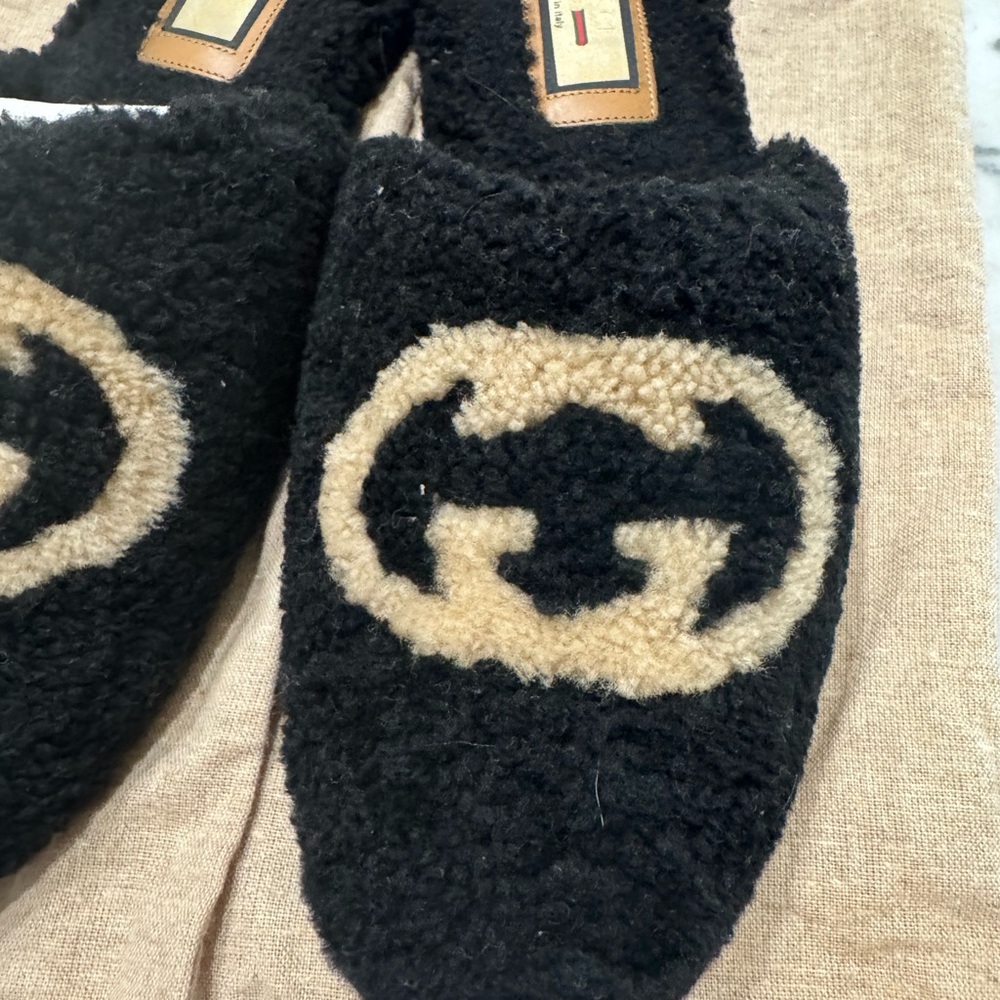 Gucci Black Fuzzy Slip-On Mules with Tan Leather Soles - Picture 6 of 7